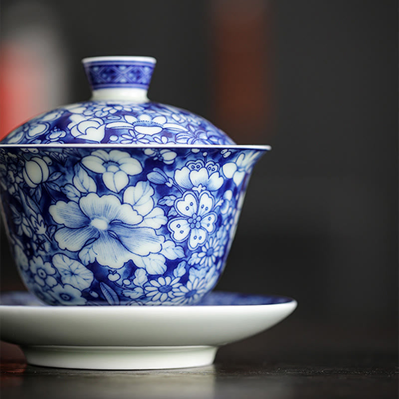Buddha Stones Vintage blaue und Weiß Porzellan-Keramik-Gaiwan-Sancai-Teetasse Kung-Fu-Teetasse und Untertasse mit Deckel