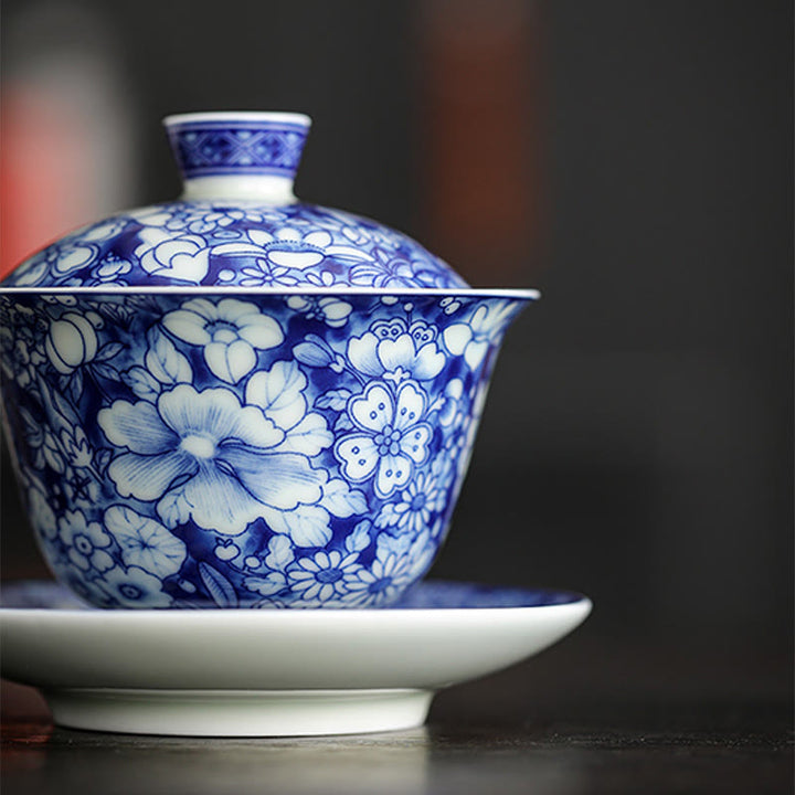 Buddha Stones Vintage blaue und Weiß Porzellan-Keramik-Gaiwan-Sancai-Teetasse Kung-Fu-Teetasse und Untertasse mit Deckel