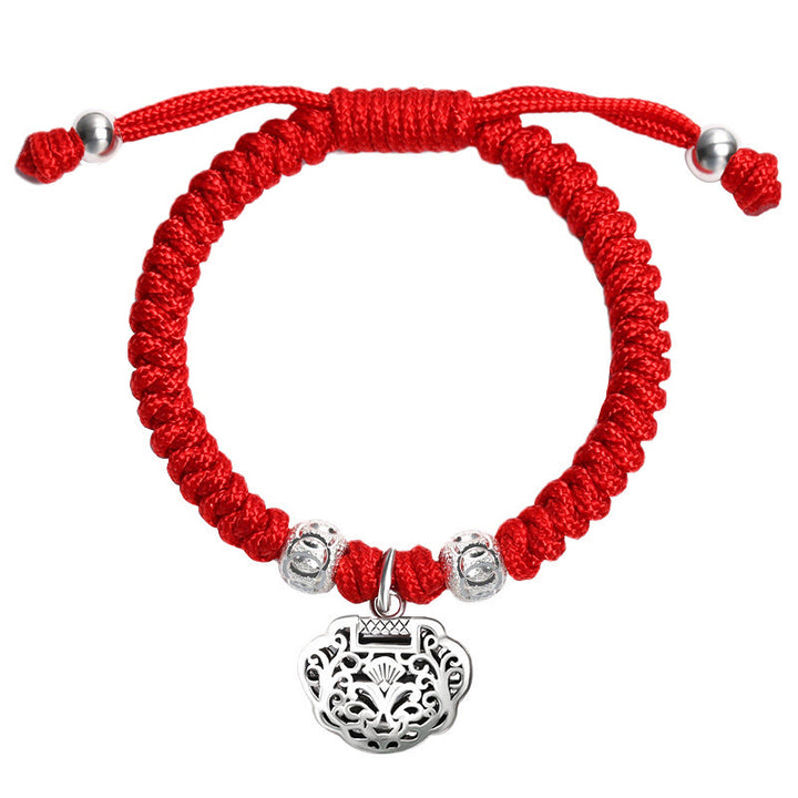 Buddha Stones 925 Sterling Silber Chinesisches Schloss Charm Mehrfarbig Rot Schnurschutz Handgefertigtes geflochtenes Kinderarmband