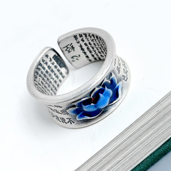 Buddha Stones, blauer Lotusblüten-Herz-Sutra-Ring mit graviertem Muster und Erleuchtung