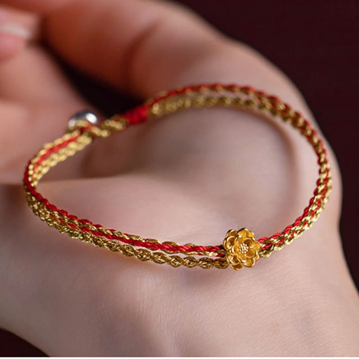 Buddha Stones 999 Gold Lotus handgemachtes Segensgeflecht-Schnur-Doppelschicht-Armband