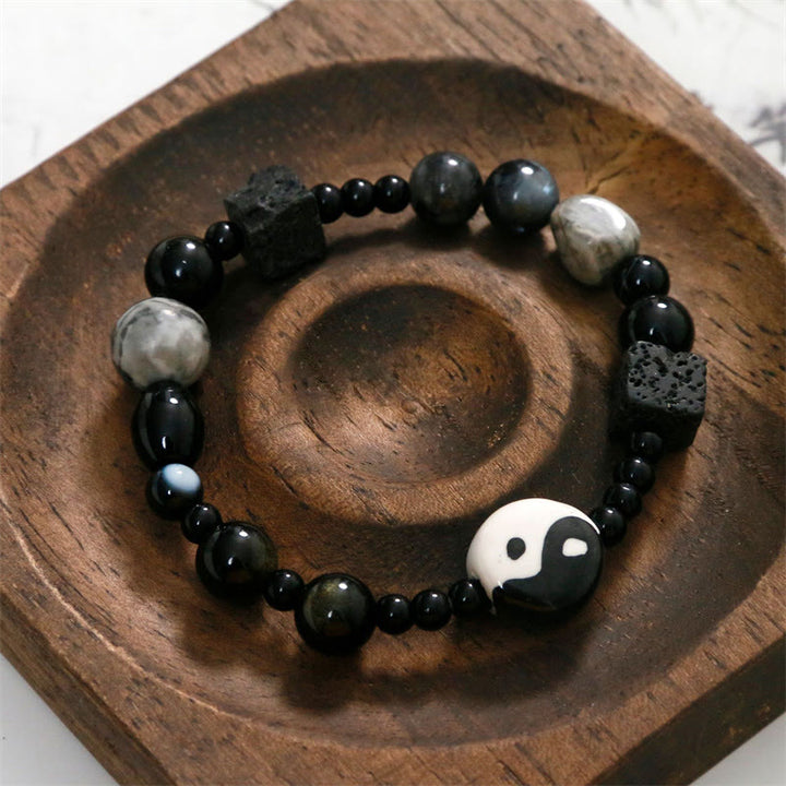 Buddha Stones Schwarzes Onyx-Picasso-Jaspis-Perlen-Yin-Yang-Glücksschutz-Armband