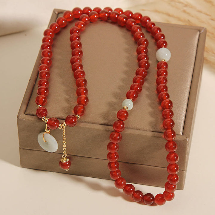 Buddha Stones Natürliches rotes Achat-Jade-Peace-Schnalle-Calm-Dreifach-Wickelarmband