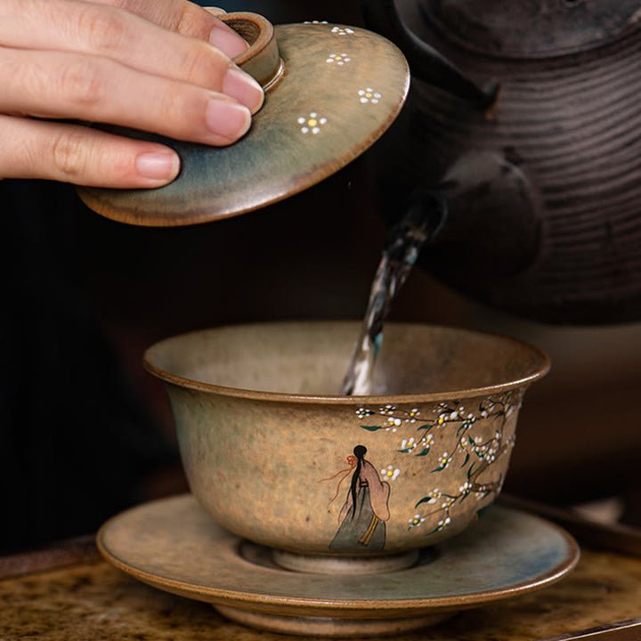 Buddha Stones, Jingdezhen, handbemalt, Ru-Ofen-Porzellan, Hanfu-Mädchen, Blume, Keramik, Gaiwan, Sancai, Teetasse, Kung-Fu-Teetasse und Untertasse mit Deckel