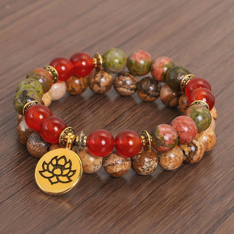 Buddha Stones, tibetisches Bild, Jaspis, positives Lotus-Armband-Set