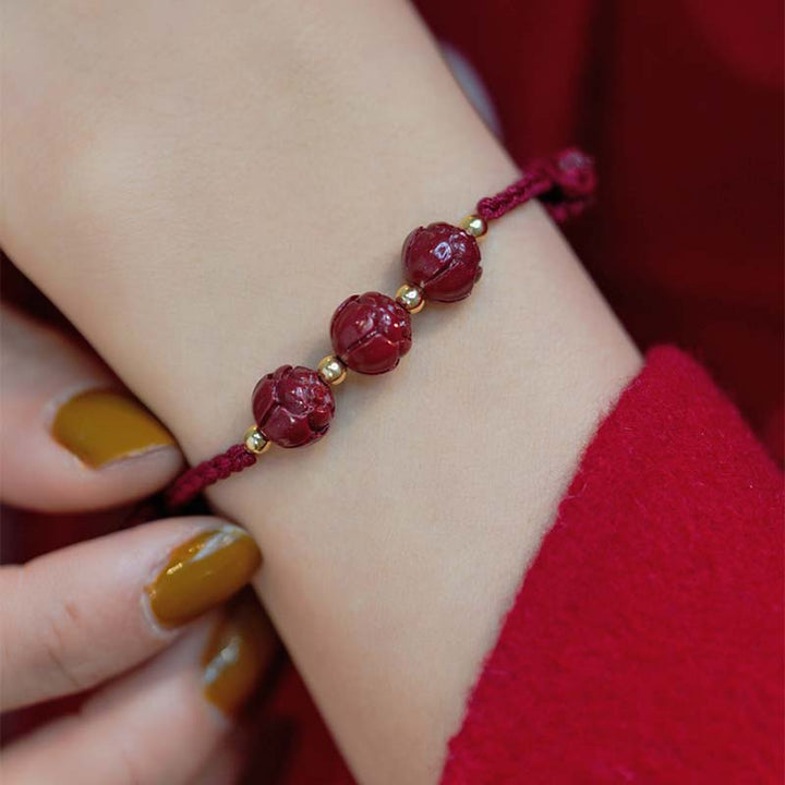 Buddha Stones Cinnabar Jade Lotus Calm Red String Weave Armband