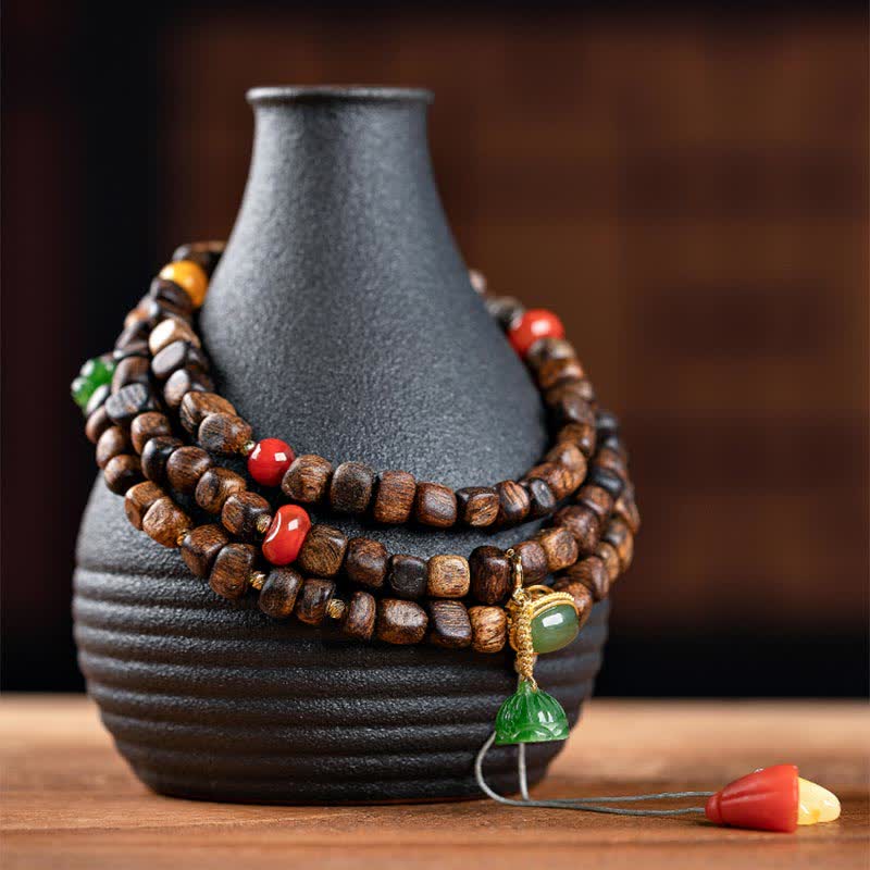 Buddha Stones 108 Mala Perlen 925 Sterling Silber Brunei Agarwood Red Achat PiXiu Hetian Jade Peace Strength Armband