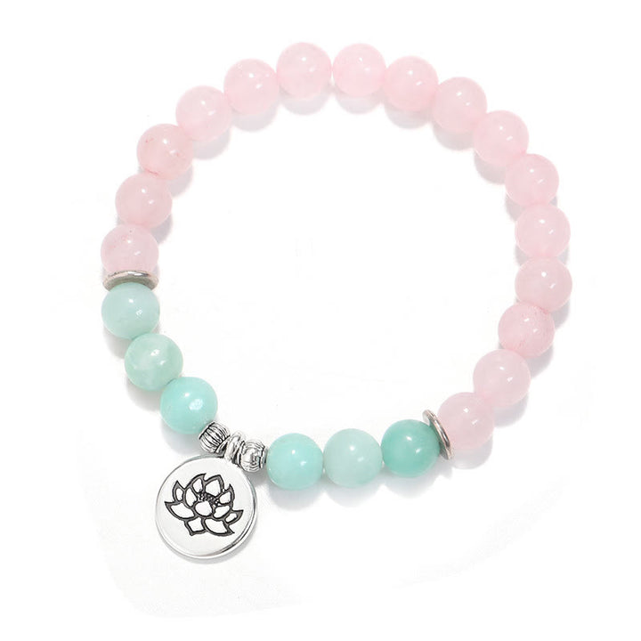 Armband mit Buddha Stonesn, natürlichem rosa Kristall, Amazonit, Lotus, Buddha, OM-Symbol, Wärme