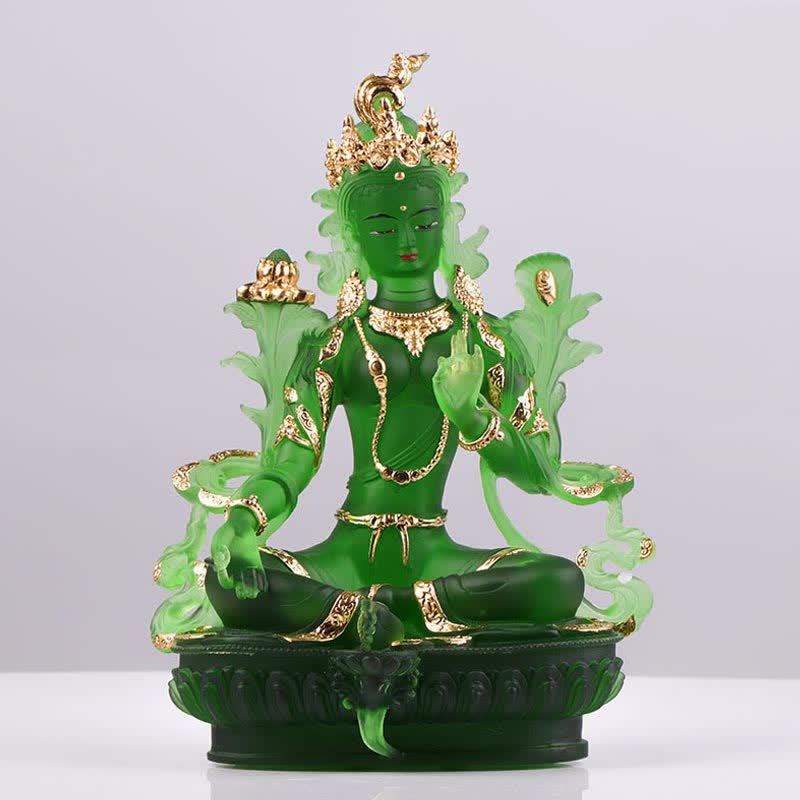 Bodhisattva Grüne Tara, handgefertigt, Liuli-Kristall, Kunststück, Schutz, Heimbüro, Statue, Dekoration