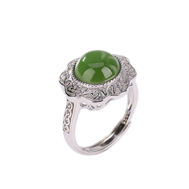 Buddha Stones 925 Sterling Silber Hetian Cyan Jade Blumendesign Glück verstellbarer Ring