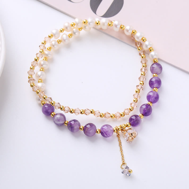 Natürliches Amethyst-Aquamarin-Erdbeerquarz-Perlen-Friedensheilungs-Doppelwickelarmband