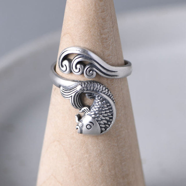 Buddha Stones 925 Sterling Silber Koi Fisch Wasser Welligkeit Glück Reichtum Ring