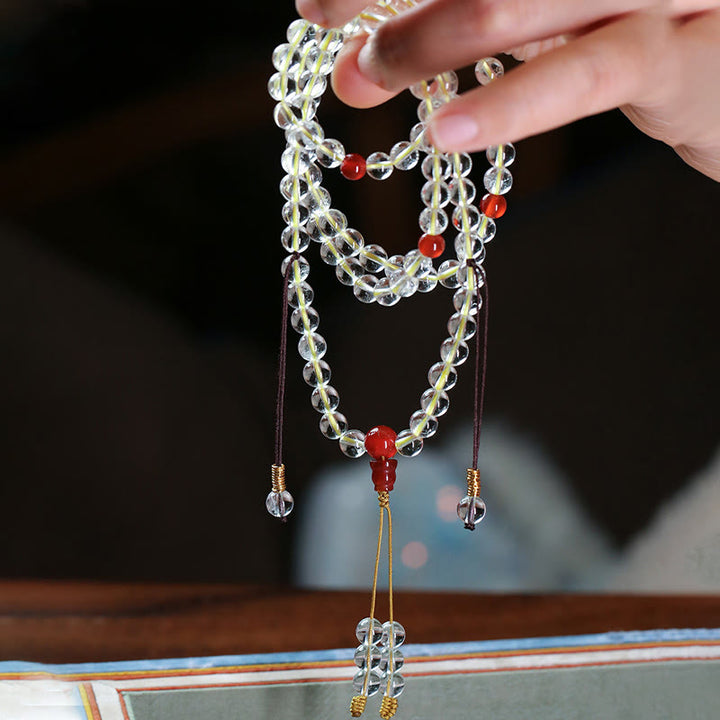 Buddha Stones 108 Mala-Perlen aus 925er-Sterlingsilber, natürlicher Weiß Achat, roter Achat, vierfach gewickeltes Schutzarmband