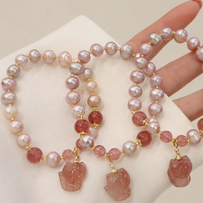 Buddha Stones Natürliches Perlen-Erdbeerquarz-Charm-Armband mit süßem Fuchs-Liebesheilung