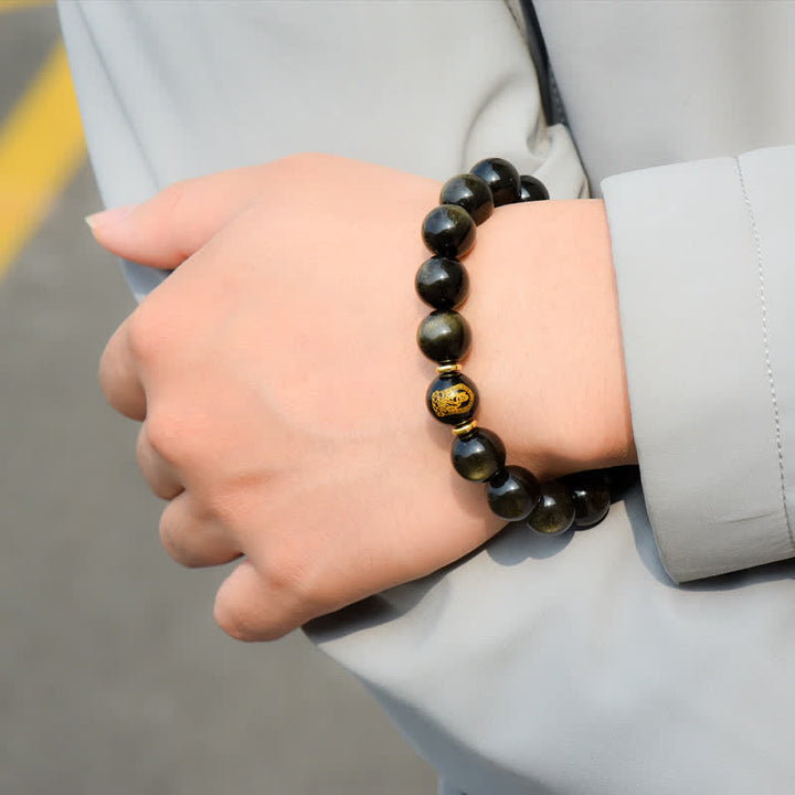 Chinesisches Tierkreis-Natal-Buddha-Goldglanz-Obsidian-Armband zum Schutz des Reichtums