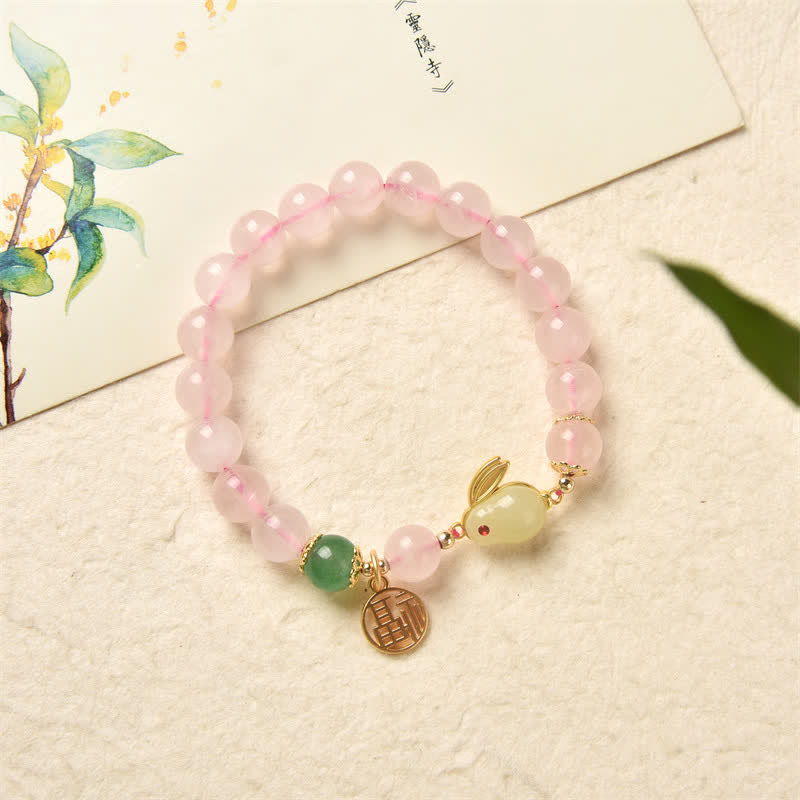 Armband „Jahr des Kaninchens“, natürliches rosa Kristallgrünes Achat-Häschen-Liebes-Glück-Armband