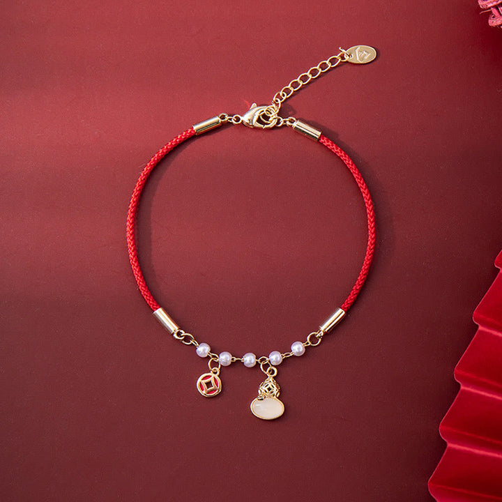 Buddha Stones, Kupfer-Münzen-Perlenkürbis-Charm, geflochtenes rotes Seil-Armband