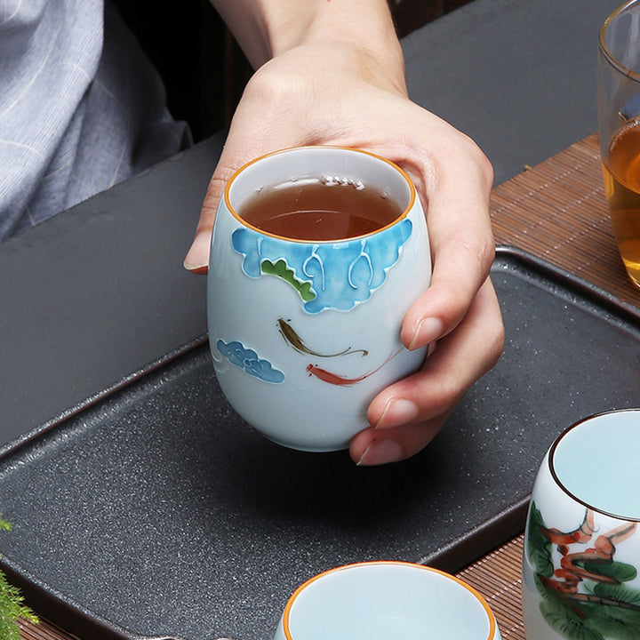 Buddha Stones, Koi-Fisch, Lotus-Landschaft, Löwenzahn, Pfingstrose, Blume, Keramik-Teetasse, Kung-Fu-Teetasse