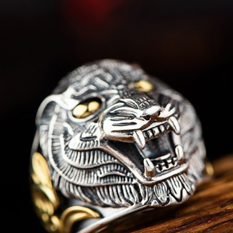 Verstellbarer Ring aus 925er-Sterlingsilber, chinesisches Sternzeichen Tiger, Schutz, Segen