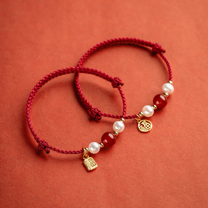 Armband mit Buddha Stonesn, 925er-Sterlingsilber, Glücksbringer, Fu-Charakter, Achat, Perle, rote Schnur