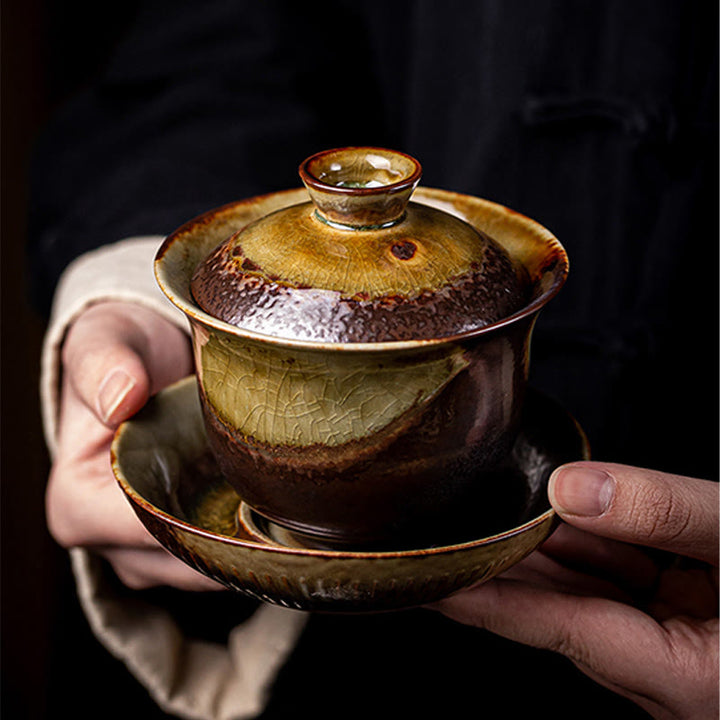 Buddha Stones Vintage Brown Kiln Change Design Porzellan Keramik Gaiwan Sancai Teetasse Kung Fu Teetasse und Untertasse mit Deckel
