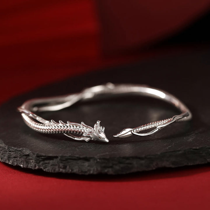 Buddha Stones 925 Sterling Silber Jahr des Drachen Design Glück Metall Manschettenarmband Armreif