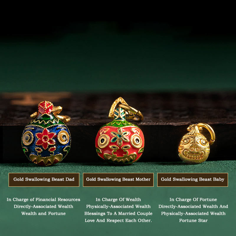 Buddha Stones Gold Schlucktier Familie Charm Liuli Glas Bunte Porzellanperlen Glücksarmband