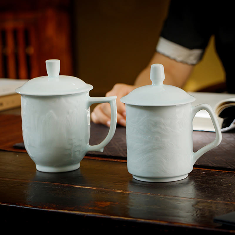 Buddha Stones, Jingdezhen, Weiß Porzellan, handgefertigt, große Mauer, Landschaft, gravierte Keramik-Teetasse, Bürobecher, Teetassen