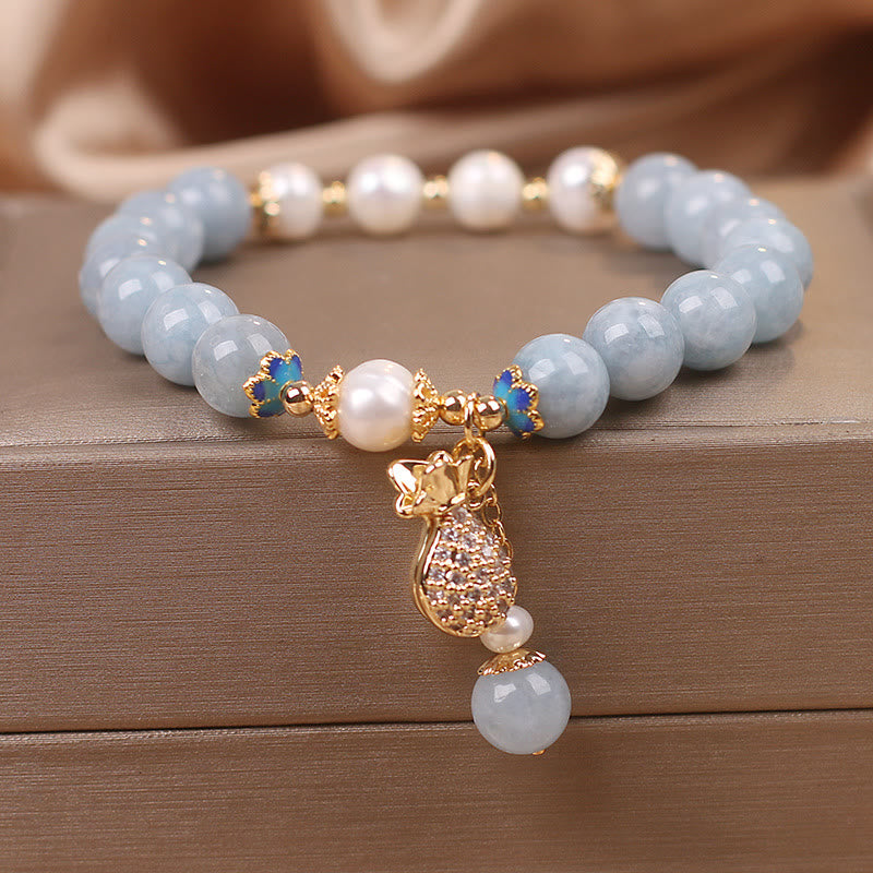 Buddha Stones, Aquamarin-Perlen-Glücksbeutel-Charm-Armband