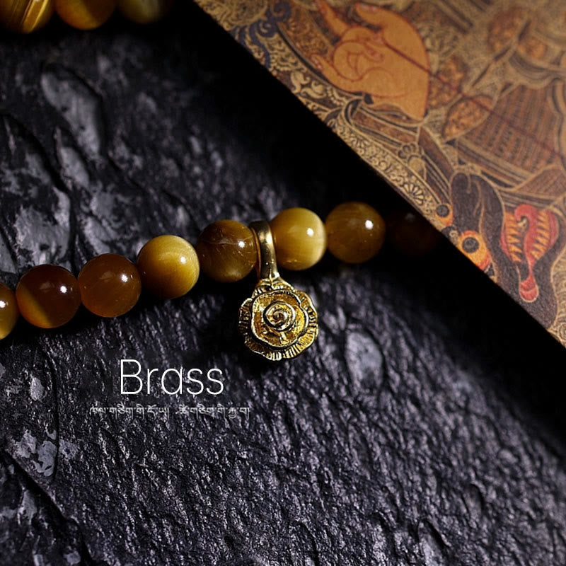 Buddha Stones 108 Mala Perlen Natürliches Tigerauge Kupfer Dorje Schutz Quastenarmband