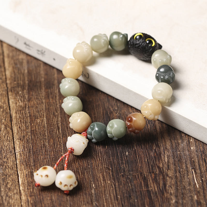 Armband mit Buddha Stonesn, natürlichem Bodhi-Samen, schöne Pfote, Ebenholz, glückliche Katze, Weisheit