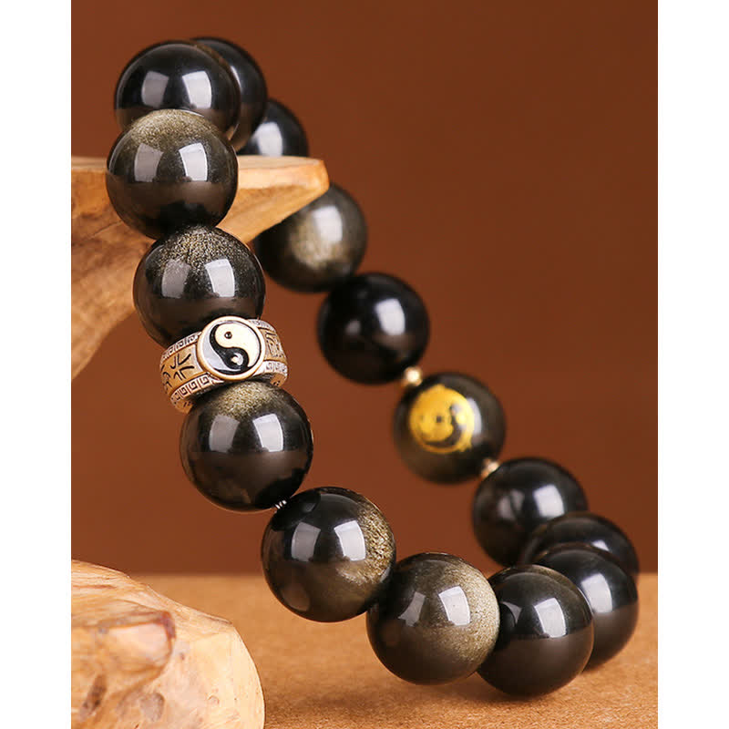 Buddha Stones 925 Sterling Silber Schwarz Obsidian Gold Glanz Obsidian Silber Glanz Obsidian Yin Yang Schutzarmband