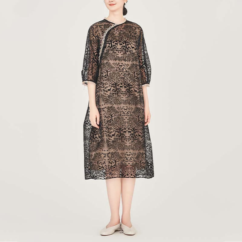 Buddha Stones 2-teiliges lässiges Cheongsam-Kleid mit Baummuster für Damen mit mittellangen Ärmeln