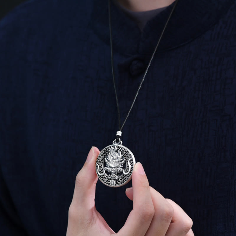 Buddha Stones 999 Sterling Silber Jahr des Drachen handgefertigter Drachenkopf-Relief-geschnitzter Schutz-Halskettenanhänger