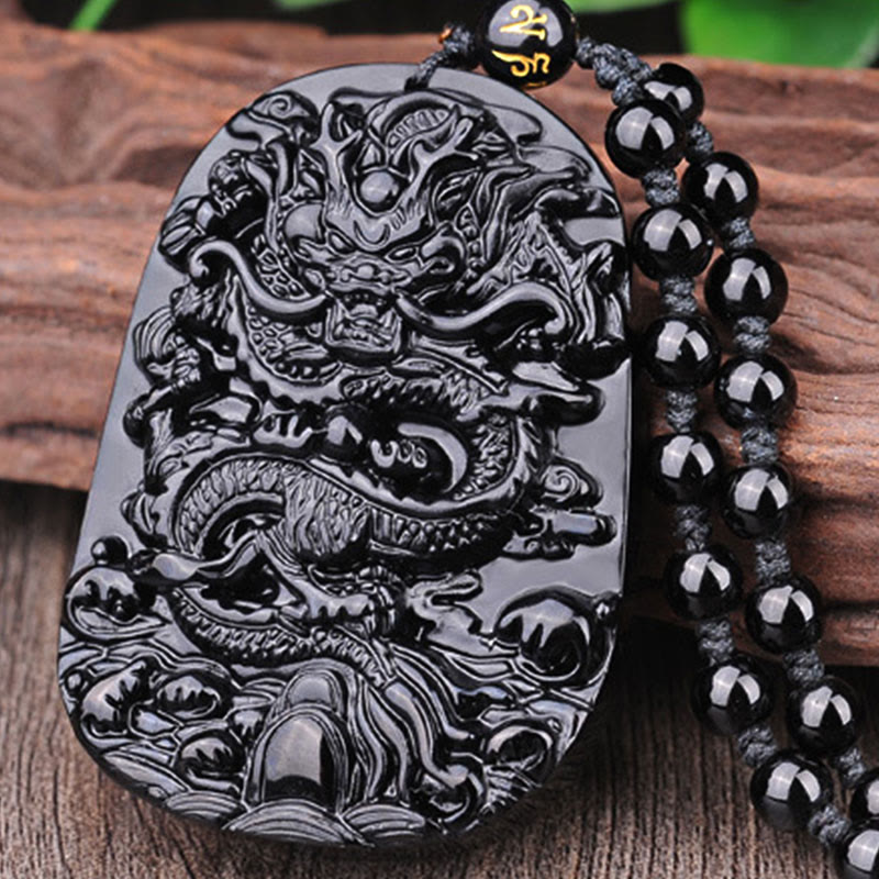 Halskette mit Anhänger „Drachenerfüllung“ aus schwarzem Obsidianstein von Buddha Stones