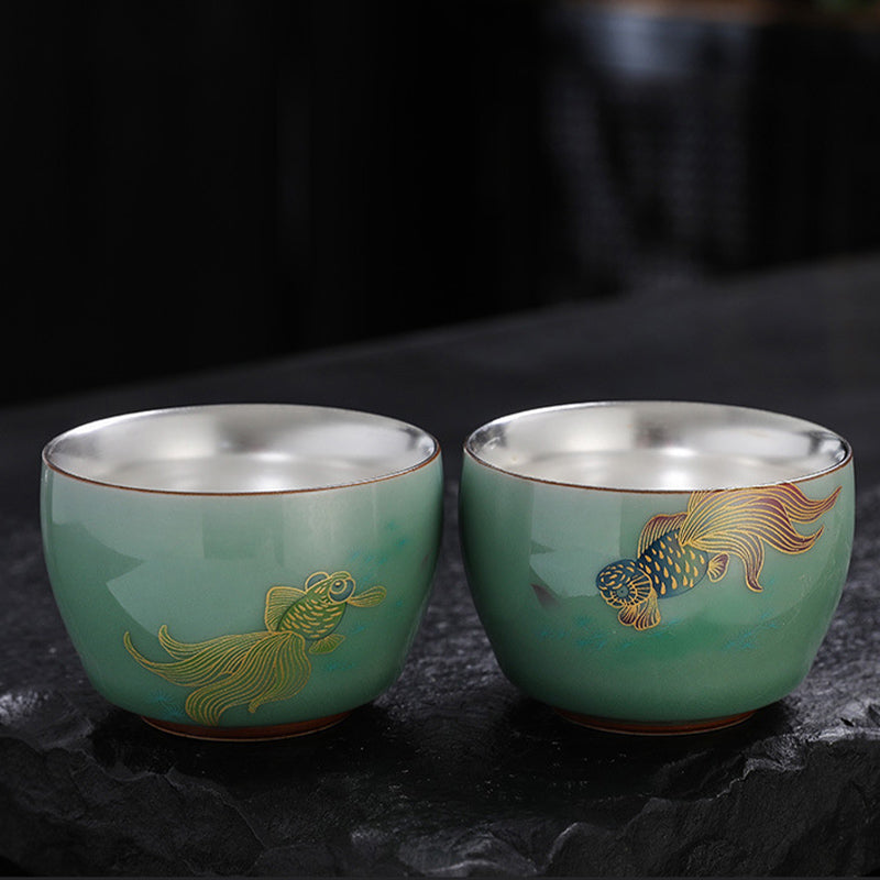Buddha Stones 999 Sterling Silber Vergoldung Schmetterling Goldfisch Lotus Koi Fisch Keramik Teetasse Kung Fu Teetasse 120 ml