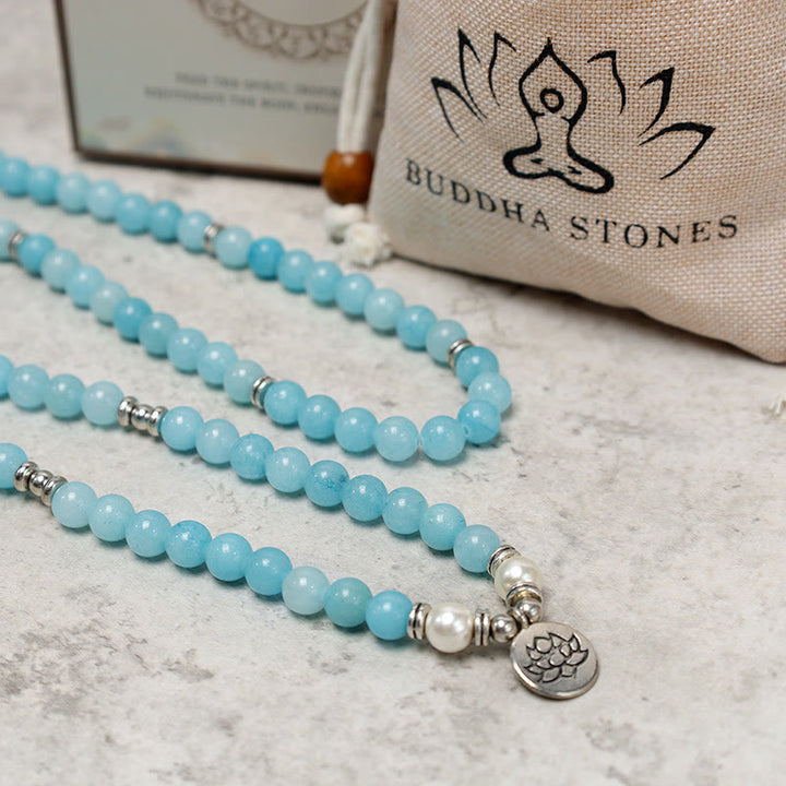 Buddha Stones Natürliches Amazonit-Heilungs-Lotus-Mala-Armband