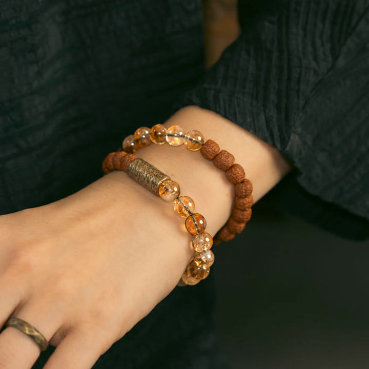 Buddha Stones Natürliches Citrin-Kristall-Rudraksha-Bodhi-Samen-Messingperlen-Wohlstands-Doppelwickelarmband