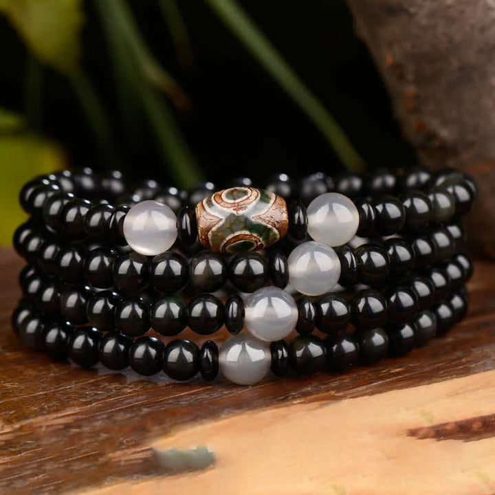 108 Perlen, schwarzer Obsidian, Dzi-Perle, Tigerauge-Achat, heilendes Mala-Armband