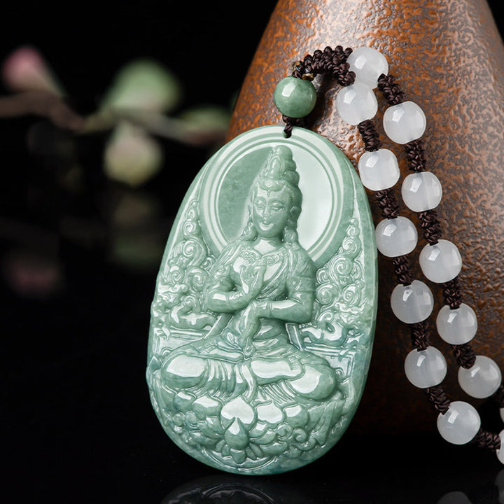 Buddha Stones Natürliche Jade Avalokitesvara Amulett Reichtum Halskette Anhänger