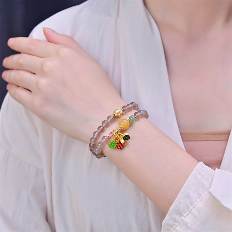 Buddha Stones Natürliches graues Achat-Friedens- und Freude-Charm-Balance-Doppelwickelarmband