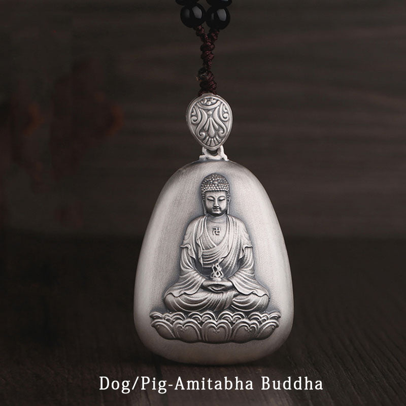 Buddha Stones 999 Sterling Silber Chinesisches Sternzeichen Natal Buddha Herz Sutra Gravur Schutz Halskette Anhänger