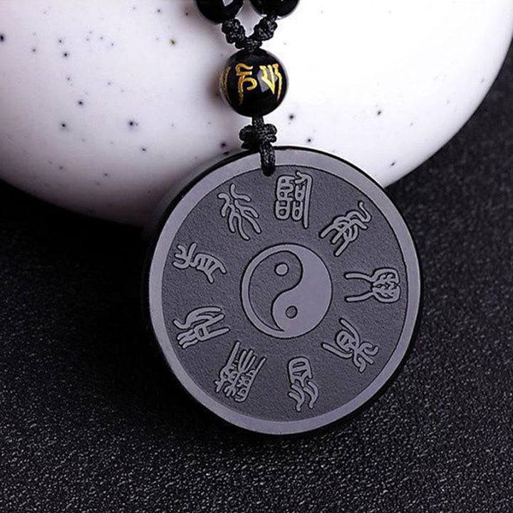 Buddha Stones, natürlicher schwarzer Obsidian, Taoismus, fünf heilige Berge, Mantra mit neun Charakteren, geschnitzt, Stärke, Yin-Yang-Halskette, Anhänger, Schlüsselanhänger