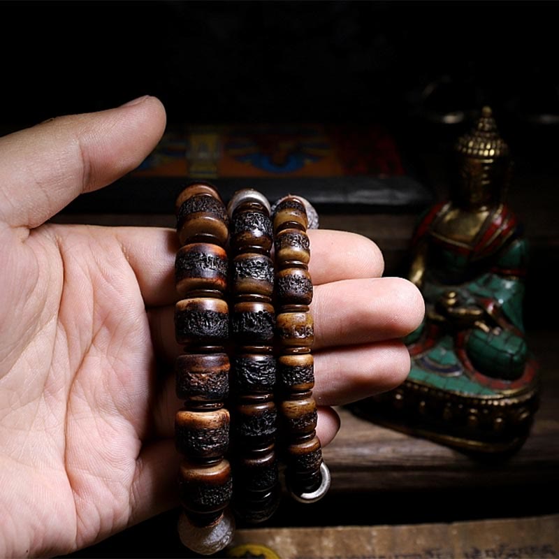 Buddha Stones, 925er-Sterlingsilber, chinesisches Sternzeichen, Natal-Buddha, handgefertigt, Tibet-Yak-Knochenstärke-Armband