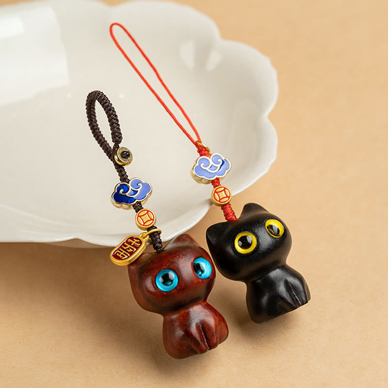 Buddha Stones, kleines Blatt, rotes Sandelholz, Ebenholz, glückliche Katze, Schutz, Schlüsselanhänger, Handy-Hängedekoration