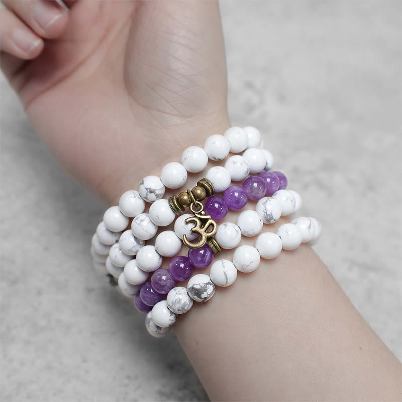 108 Mala-Perlen, Amethyst, Weiß, Türkis, OM-Heilmeditation, Energiearmband