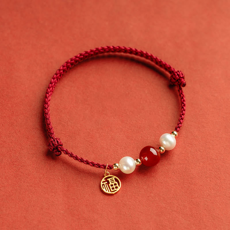 Armband mit Buddha Stonesn, 925er-Sterlingsilber, Glücksbringer, Fu-Charakter, Achat, Perle, rote Schnur