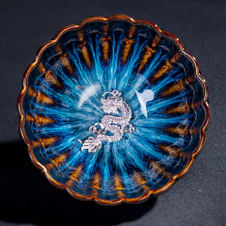 Buddha Stones Lotus Goldfisch Verheißungsvoller Drache Phönix Teetasse aus Keramik mit Silbereinlage, 130 ml