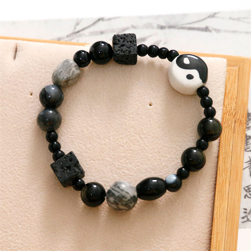 Buddha Stones Schwarzes Onyx-Picasso-Jaspis-Perlen-Yin-Yang-Glücksschutz-Armband