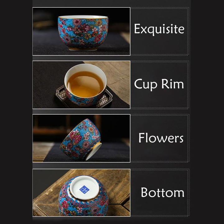 Buddha Stones, Jingdezhen-Porzellan, Überglasur-Dekoration, bunte Blumen, Keramik-Teetasse, Kung-Fu-Teetassen